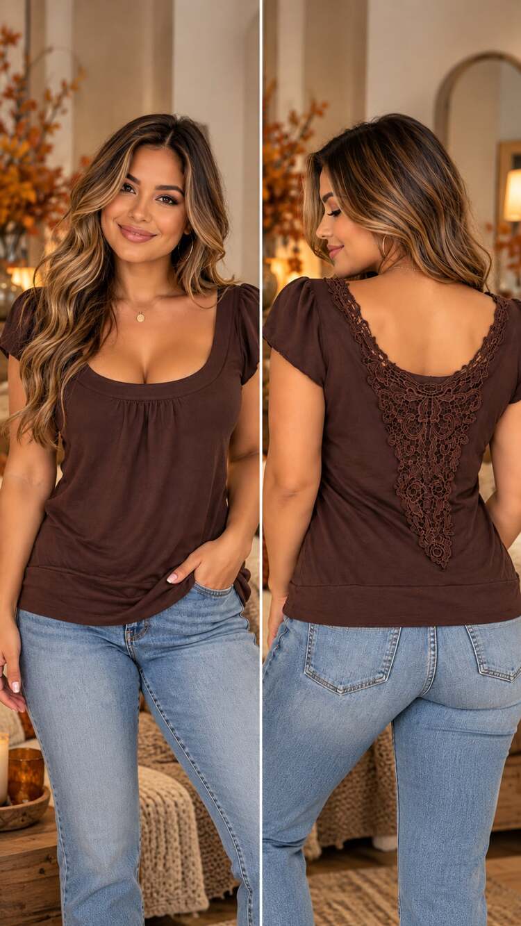Forever 21 Lace Back Top Size M Brown Short Sleeve Scoop Neck